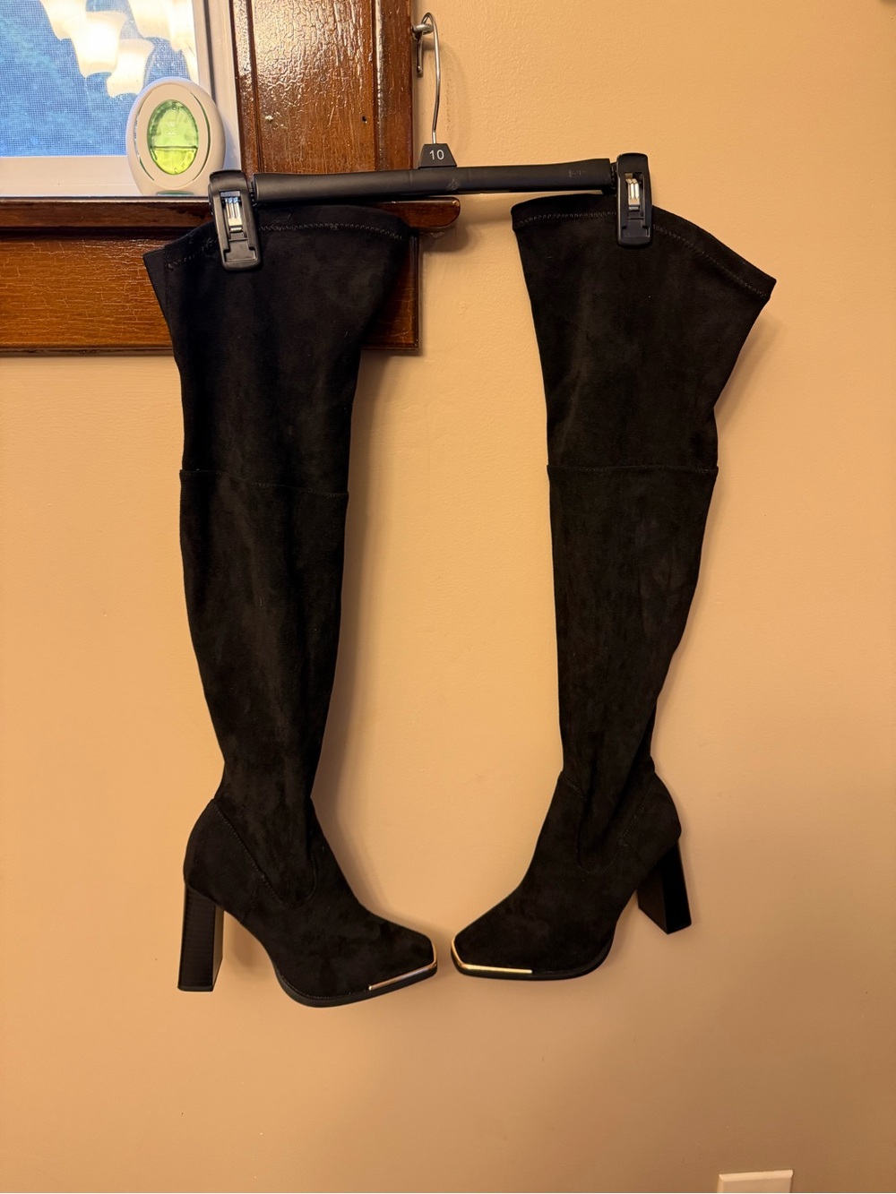 Dream Pairs Black Over-the-Knee Suede Block Heel Boots with Gold Toe Accent